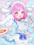  1girl absurdres apron badge blue_background blue_bow blue_bowtie blue_dress blush border bow bowtie button_badge buttoned_cuffs center_frills checkered_background cinnamoroll commentary dress food frills fruit fuinagi_(huyuu_mm) gem gradient_background highres holding holding_spoon holding_tray icing long_sleeves maid_headdress medium_hair multicolored_background ootori_emu open_mouth pastry pink_background pink_eyes pink_hair pink_ribbon project_sekai purple_gemstone ribbon sanrio sleeve_cuffs smile sparkle spoon star_(symbol) star_in_eye strawberry symbol-only_commentary symbol_in_eye tray twitter_username white_apron white_border white_headdress 