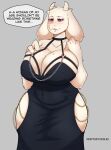 2024 2_horns anthro artist_name big_breasts black_clothing black_dress blush boss_monster_(undertale) bovid breasts caprine cleavage clothed clothing curvy_figure dialogue dress embarrassed english_text eyebrows eyelashes female floppy_ears fur goat grey_background hi_res hollow_hip_backless_chain_dress hollow_hip_dress horn huge_breasts mammal mature_female meme meme_clothing nerftheyordles simple_background solo speech_bubble text thick_thighs toriel undertale_(series) voluptuous white_body white_fur wide_hips