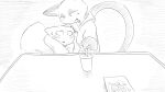 16:9 animal_crossing anthro biped blush bodily_fluids clothed clothing domestic_cat dragonweirdo felid feline felis greyscale hi_res mammal marshal_(animal_crossing) monochrome nervous nintendo olivia_(animal_crossing) open_mouth open_smile rodent sciurid sitting smile sweat sweatdrop tail tree_squirrel widescreen