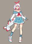  bare_shoulders blue_socks bow breasts cleavage cropped_shirt hair_bow hair_over_one_eye midriff_peek milkytiddyboy multicolored_hair neckerchief original red_hair red_neckerchief shoes shrimp_girl shrimp_tail skirt sneakers socks stomach tagme white_eyes white_hair 