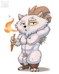 3_toes 4_fingers ankama anthro armpit_hair body_hair breath_powers chest_scar clothed clothing demigod dice digital_media_(artwork) dofus dofus:_kerub&#039;s_bazaar domestic_cat ecaflip elemental_manipulation eye_scar facial_scar feet felid feline felis fennephilim_fox fingers fire fire_breathing fire_manipulation flaccid foreskin fur genitals hair hand_behind_head hi_res kerub_crepin looking_at_viewer male mammal open_mouth orange_hair penis pubes scar solo standing tight_foreskin toes white_body white_fur yellow_sclera