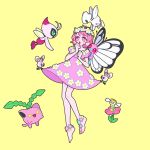  1boy :d :o barefoot blue_flower butterfree celebi crossdressing crossover cutiefly dress flabebe floral_print flower flower_wreath full_body hands_up head_wreath highres hoppip king_of_prism male_focus nyaasechan open_mouth otoko_no_ko pink_dress pink_eyes pink_hair pokemon pretty_rhythm pretty_series saionji_leo short_hair simple_background smile solo standing togetic white_flower yellow_background 