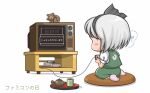  1girl black_bow black_hairband blush bow bow_hairband commentary_request copyright_request crt cup famicom famicom_gamepad from_behind full_body game_console green_skirt green_vest grey_hair hairband jun_sasaura konpaku_youmu konpaku_youmu_(ghost) playing_games puffy_short_sleeves puffy_sleeves seiza shirt short_hair short_sleeves simple_background sitting skirt skirt_set solo table teapot touhou translation_request vest wariza white_background white_shirt yunomi 