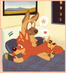 2023 3_fingers 3_toes anthro australian_kelpie bed bedding bedroom black_nose blanket blue_blanket blue_pillow bluey_(series) brown_body brown_fur canid canine canis celtic_mythology controller detailed_background digger_(bluey) digital_drawing_(artwork) digital_media_(artwork) domestic_dog duo european_mythology feet field fingers flat_colors framed_picture fur furniture game_controller gaming great_dane half-closed_eyes herding_dog hi_res hindpaw inside lgbt_pride love lying male male/male male_anthro mammal mastiff molosser moon mouth_closed mythological_creature mythological_equine mythology narrowed_eyes nintendo nintendo_controller nintendo_switch on_bed on_front open_mouth pastoral_dog pawpads paws pillow plantigrade playing_videogame pride_colors red_body red_fur shaibey sheepdog sitting sitting_on_bed sky smile snout space speech_bubble star teeth tiny_c_(bluey) toes vincian_pride_colors yellow_wall