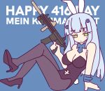  1girl animal_ears assault_rifle bare_shoulders black_footwear black_pantyhose blue_background blue_hair breasts cleavage commentary crossed_legs english_commentary english_text girls&#039;_frontline green_eyes gun hair_ornament high_heels highres hk416_(girls&#039;_frontline) holding holding_gun holding_weapon long_hair looking_at_viewer necktie pantyhose rabbit_ears rabbit_hole_(vocaloid) rifle simple_background sitting snafu_(snafy_snu) solo teardrop_facial_mark weapon 