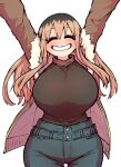  1girl arms_behind_head black_hair black_shirt blonde_hair blush breasts brown_jacket closed_eyes commentary denim fur_trim highres huge_breasts jacket jeans kinjo_no_hito_no_nakimushi large_breasts long_sleeves looking_at_viewer multicolored_hair ochiai_(kinjo_no_hito_no_nakimushi) open_clothes open_jacket pants romaji_commentary shirt smile solo standing two-tone_hair zyugoya 