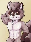 duke_(duketeus) ear_piercing ear_ring front_view fur grey_body grey_fur hand_behind_head head_tuft hi_res male mammal muscular muscular_male orange_eyes piercing procyonid raccoon raccoon_tail ring_piercing rjquaty smile solo tuft