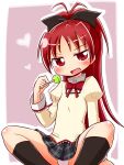  1girl :d antenna_hair black_ribbon black_skirt black_socks blush bow candy commentary_request fang feet_out_of_frame food hair_ribbon hand_up holding holding_candy holding_food holding_lollipop juliet_sleeves kneehighs lollipop long_hair long_sleeves looking_at_viewer mahou_shoujo_madoka_magica naga_u outline panties pleated_skirt ponytail puffy_sleeves purple_background red_bow red_eyes red_hair ribbon sakura_kyoko shirt skirt smile socks solo two-tone_background underwear very_long_hair white_background white_outline white_panties white_shirt 