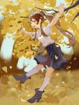  1girl autumn_leaves black_skirt blue_eyes blue_sky blurry blurry_background boots brown_hair chinese_commentary collared_shirt commentary_request day falling_leaves forest full_body grey_footwear high-waist_skirt high_heel_boots high_heels highres kneehighs leaf leaf_pile long_hair looking_ahead miniskirt nature open_mouth original outdoors outstretched_arms pleated_skirt procreate_(medium) shirt short_sleeves sidelocks skirt sky smile socks solo tree twintails white_shirt white_sleeves white_socks yangleyuan 