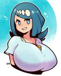  1girl blue_eyes blue_hair breasts highres lana&#039;s_mother_(pokemon) large_breasts legendofnerd looking_at_viewer medium_breasts pokemon shirt smile solo teeth 