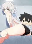 1girl absurdres ahoge ass barefoot bed black_panties character_doll closed_mouth commentary_request fate/grand_order fate_(series) from_behind fujimaru_ritsuka_(male) grey_hair hair_between_eyes highres indoors jeanne_d&#039;arc_alter_(fate) long_hair no_bra nonotara110 on_bed panties sitting solo topless underwear underwear_only very_long_hair yellow_eyes 