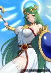  1girl ancient_greek_clothes armlet artist_name bare_shoulders breasts chain chiton circlet dress forehead_jewel gold_chain greco-roman_clothes green_eyes green_hair highres holding holding_shield holding_staff jewelry kid_icarus kid_icarus_uprising large_breasts long_hair neck_ring palutena parted_bangs pendant shield single_thighhigh solo staff strapless strapless_dress thighhighs twitter_username vambraces very_long_hair white_dress white_thighhighs yamamori_kinako 