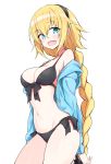  1girl absurdres bare_shoulders bikini black_bikini black_hairband blonde_hair blue_eyes blue_jacket braid breasts cleavage cowboy_shot drawstring fate_(series) front-tie_bikini front-tie_top groin hair_between_eyes hairband highres ichi-jirushi jacket jeanne_d&#039;arc_(fate)_(all) jeanne_d'arc_(fate)_(all) long_hair looking_at_viewer medium_breasts navel open_mouth side-tie_bikini simple_background single_braid smile solo stomach swimsuit very_long_hair white_background 