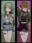  2girls aketa_mikoto black_ribbon blue_jacket blue_shorts brown_hair closed_mouth column_lineup commentary_request earrings gold_belt green_hair green_jacket grey_eyes grey_skirt hair_between_eyes highres idol idol_clothes idolmaster idolmaster_shiny_colors iwawa jacket jewelry long_hair long_sleeves looking_at_viewer multiple_girls nail_polish nanakusa_nichika neck_ribbon open_clothes open_jacket ribbon shhis_(idolmaster) shirt shorts skirt thigh_strap white_shirt yellow_eyes 