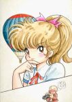  1980s_(style) 1boy 1girl aircraft artist_self-insert azuma_hideo blush brown_eyes brown_hair hot_air_balloon long_hair nekoyama_mia non-web_source official_art open_mouth pervert phallic_symbol ponytail retro_artstyle scrap_gakuen thought_bubble traditional_media translation_request upper_body 