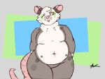 absurd_res american_opossum anthro auxiefox belly big_butt butt hi_res male mammal marsupial orange_eyes pink_tail simple_background solo tail thick_tail thick_thighs weight_gain wide_hips
