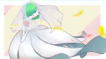  blush bob_cut bridal_veil closed_eyes colored_skin dress elbow_gloves falling_petals gardevoir gloves green_hair hair_over_one_eye highres lila_0219 mega_gardevoir mega_pokemon petals pokemon pokemon_(creature) simple_background smile v_arms veil white_dress white_gloves white_skin 
