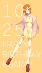  1girl ^_^ arms_behind_back blush cardigan cardigan_on_shoulders character_name closed_eyes dated dress full_body happy_birthday highres koala_(one_piece) nrrn03 one_piece orange_background purple_cardigan short_dress short_hair smile solo wing_collar yellow_dress 