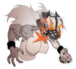 angry anthro bracelet canid canine chest_scar female fur grey_body grey_fur hair horn jewelry mammal muzzle_(object) muzzled red_eyes scar solo telson white_body white_fur white_hair