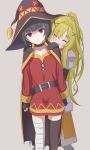  2girls ^_^ absurdres armor asymmetrical_legwear bandaged_leg bandages black_gloves black_hair blonde_hair brown_cape cape closed_eyes collarbone commentary_request contamination_(contami0813) cosplay darkness_(konosuba) darkness_(konosuba)_(cosplay) dress empty_eyes expressionless feet_out_of_frame fingerless_gloves gloves hands_on_another&#039;s_shoulders hat highres idolmaster idolmaster_cinderella_girls kono_subarashii_sekai_ni_shukufuku_wo! kurosaki_chitose looking_at_viewer megumin megumin_(cosplay) multiple_girls purple_eyes red_dress shirayuki_chiyo shoulder_armor simple_background witch_hat 