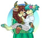 2021 accessory aged_up anthro anthrofied biped blush bovid bovine brown_body brown_fur brown_hair digital_drawing_(artwork) digital_media_(artwork) duo earth_pony embrace equid equine eye_contact feet female flower flower_in_hair friendship_is_magic fur green_body green_eyes green_fur hair hair_accessory hasbro hi_res holding_character hooves horn horse humanoid_hands jewelry larger_female looking_at_another lopoddity male male/female mammal my_little_pony pandoraverse_(lopoddity) plant pony ponytail romantic romantic_couple sandbar_(mlp) shaded size_difference smaller_male teal_hair wedding yak yona_yak_(mlp)