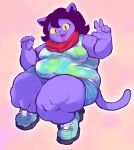 2024 anarchoblues anthro belly black_hair bottomwear breasts catty_(undertale) clothed clothing crouching deltarune domestic_cat fangs felid feline felis female footwear freckled_arms freckles full-length_portrait fur gesture hair hand_gesture hi_res mammal medium_breasts neckwear open_mouth open_smile overweight overweight_anthro overweight_female portrait pupils purple_body purple_fur shirt shoes shorts simple_background slit_pupils smile sneakers solo tail tan_background tank_top teeth thick_thighs topwear undertale_(series) v_sign yellow_sclera