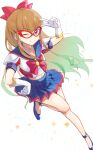  1girl bishoujo_senshi_sailor_moon bow bowtie brown_hair choker cosplay glasses gloves gradient_hair hair_bow hand_on_own_hip highres long_hair mechakucha midriff miniskirt multicolored_hair navel ohdo_yuamu one_eye_closed pleated_skirt purple_eyes red_bow red_bowtie sailor_collar sailor_senshi_uniform sailor_v sailor_v_(cosplay) skirt smile two-tone_hair v white_choker white_gloves yu-gi-oh! yu-gi-oh!_go_rush!! 