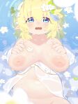  1girl absurdres blonde_hair blue_eyes blush breasts breasts_apart commentary_request cowboy_shot flower hair_between_eyes hair_flower hair_ornament highres inverted_nipples large_breasts looking_at_viewer medium_hair navel nipples open_mouth original plump solo white_flower zao_(pixiv_15847342) 