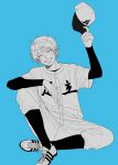  1boy absurdres ayasegawa_jirou baseball_uniform blue_background cleats closed_eyes diamond_no_kouzai facing_viewer hat highres holding holding_clothes holding_hat monochrome smile solo sportswear umbrella_x0x unworn_hat unworn_headwear 