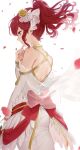  1girl anna_(bridal)_(fire_emblem) anna_(fire_emblem) backless_dress backless_outfit bare_shoulders closed_mouth detached_sleeves dress fire_emblem fire_emblem_awakening fire_emblem_heroes floating_hair from_behind hair_ornament haru_(nakajou-28) highres index_finger_raised long_hair official_alternate_costume petals ponytail profile red_eyes red_hair see-through sidelocks simple_background smile solo wedding_dress white_background 