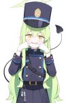  1girl absurdres belt black_belt black_hat black_jacket black_skirt black_tail blue_archive blush collared_jacket commentary gloves green_hair green_halo hair_between_eyes halo hat high_collar highres hikari_(blue_archive) jacket long_hair long_sleeves looking_at_viewer mouth_pull open_mouth peaked_cap pleated_skirt pointy_ears shasha_(shasha159357) sidelocks simple_background skirt solo sweatdrop symbol-only_commentary tail tail_raised teeth very_long_hair white_background white_gloves yellow_eyes 
