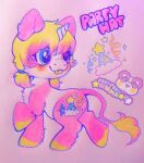 2024 blonde_hair character_name chibi colored_pencil_(artwork) colorful_theme cutie_mark equid equine fan_character female feral fur hair hasbro hi_res hooves horn mammal my_little_pony mythological_creature mythological_equine mythology nonbinary_(lore) party_hat_(pekopekokuma) pastel_theme pekopekokuma pigtails pink_body pink_fur simple_background solo tail tail_tuft tongue tongue_out traditional_media_(artwork) tuft unicorn watermark white_body white_fur yellow_tongue