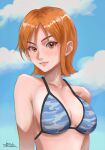  1girl bare_shoulders bikini bikini_top_only blue_bikini blue_sky blush breasts brown_eyes camouflage camouflage_bikini cleavage cloud cloudy_sky collarbone commentary english_commentary halterneck highres jedbanner light_blush lips looking_at_viewer medium_breasts midriff nami_(one_piece) official_alternate_costume one_piece orange_hair outdoors parted_lips short_hair signature single_sidelock sky solo swimsuit upper_body 