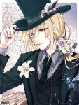  1boy black_hat black_jacket black_necktie black_vest blonde_hair blue_gemstone border boutonniere braid braided_bangs closed_mouth collared_shirt copyright_name dairoku_ryouhei doily falchet_hubert flower gem grey_shirt hair_between_eyes hair_flower hair_ornament hand_on_headwear hat hat_flower hat_ornament jacket lapel_pin lapels lily_(flower) long_hair looking_at_viewer low_ponytail male_focus nail_polish necktie notched_lapels open_clothes open_jacket outside_border pointy_ears purple_background purple_eyes purple_flower purple_nails purple_rose rose sawamuri shirt smile solo suit_jacket top_hat upper_body vest white_border white_flower white_lily white_rose 