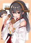  1girl :p bare_shoulders black_hair brown_eyes detached_sleeves food hair_between_eyes hair_ornament hairclip haruna_(kancolle) haruna_kai_ni_(kancolle) headgear highres holding holding_food ice_cream kantai_collection long_hair looking_at_viewer miron_(mirona33) nontraditional_miko red_skirt ribbon-trimmed_sleeves ribbon_trim skirt solo tongue tongue_out twitter_username upper_body wide_sleeves 