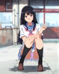  1girl black_hair black_socks blue_skirt blurry blurry_background blush full_body hibike!_euphonium highres kitauji_high_school_uniform kousaka_reina long_hair looking_at_viewer neckerchief outdoors panties pantyshot pink_neckerchief pink_panties polka_dot polka_dot_panties purple_eyes sbel02 school_uniform serafuku shirt skirt smile socks solo squatting underwear v white_shirt 