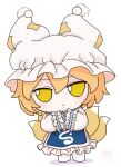  animal_hat blonde_hair blue_tabard chibi fox_tail fumo_(doll) hands_in_opposite_sleeves hat highres kitsune looking_at_viewer mob_cap multiple_tails rei_(tonbo0430) smile tabard tagme tail touhou white_background yakumo_ran 