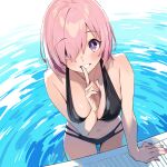  1girl absurdres arm_between_breasts arm_support bare_shoulders between_breasts bikini black_bikini breasts cleavage commentary fate/grand_order fate_(series) fingernails hair_over_one_eye highres index_finger_raised large_breasts looking_at_viewer mash_kyrielight medium_hair nail_polish pink_hair poolside purple_eyes purple_nails smile solo swimsuit teeth wading water wet xiaoxiao_de_kuangsan 