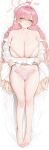  1girl absurdres ahoge ankle_ribbon arm_under_breasts armpit_crease arms_under_breasts ass_visible_through_thighs barefoot bed_sheet blue_archive blush bow bow_panties braid breasts cleavage closed_mouth collarbone collared_shirt commentary_request covered_nipples crossed_arms dakimakura_(medium) ear_blush feet fingernails full_body gradient_hair green_eyes hair_between_eyes hair_bow hair_intakes halo hanako_(blue_archive) highres huge_breasts knees korean_commentary leg_ribbon legs long_hair long_sleeves looking_at_viewer lying mochirong mole mole_on_breast mole_on_thigh multicolored_hair naked_shirt narrowed_eyes navel on_back open_clothes open_shirt panties pink_hair pink_halo pink_lips pink_panties ribbon shiny_skin shirt sleeves_past_wrists smile solo stomach sweat thigh_gap thighs toenails toes underwear unworn_panties white_bow white_ribbon white_shirt 