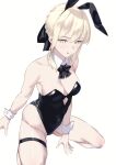  1girl absurdres animal_ears artoria_pendragon_(fate) bare_shoulders black_leotard black_ribbon blonde_hair braid breasts cleavage collarbone covered_navel detached_collar fake_animal_ears fate/grand_order fate_(series) french_braid hair_bun hair_ribbon highleg highleg_leotard highres leotard medium_breasts medium_hair okuma707 playboy_bunny rabbit_ears ribbon saber_alter sidelocks thigh_strap thighs tongue tongue_out wrist_cuffs yellow_eyes 