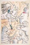  1980s_(style) 1girl 6+others azuma_hideo dress fighting full_body knife long_hair monster multiple_others non-web_source original phallic_symbol restrained retro_artstyle sword tentacles traditional_media weapon 