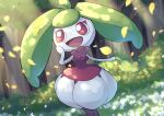  :d absurdres bright_pupils commentary_request day falling_petals flower grass hand_up happy highres open_mouth outdoors petals pokemon pokemon_(creature) red_eyes smile solo steenee teru_(245_neko) tree white_flower white_pupils 