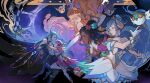  1boy 4girls ahri_(league_of_legends) aqua_hair blonde-haired_boy_(sunaba_(nczd5875)) blue_hair braid braided_dreadlocks cape circlet cover_image covered_abs dark-skinned_female dark_skin dreadlocks dress elbow_gloves eye_contact from_side gloves hair_bun hair_ornament highres holding_hands league_of_legends little_legend long_hair long_sleeves looking_at_another multiple_braids multiple_girls official_alternate_costume official_art pink_eyes pink_hair redeemed_star_guardian_rakan redeemed_star_guardian_xayah senna_(league_of_legends) short_sleeves single_hair_bun star_guardian_(league_of_legends) star_guardian_ahri star_guardian_orianna star_guardian_senna toned toned_male velinxi wavy_hair white_dress white_gloves 