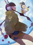  1girl aekutie animal_ears black_hair blue_sky coat elesa_(pokemon) emolga flying fur-trimmed_coat fur_trim headphones highres holding holding_poke_ball mouse_ears outdoors poke_ball pokemon pokemon_bw2 sky twintails wings yellow_coat 