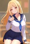  1girl blonde_hair blue_neckerchief blue_sailor_collar blue_skirt blurry blurry_background breasts brown_eyes classroom closed_mouth collarbone commentary_request desk highres higurashi_no_naku_koro_ni higurashi_no_naku_koro_ni_mei large_breasts long_hair long_sleeves looking_at_viewer neckerchief on_desk parted_bangs sailor_collar school_uniform serafuku sidelocks skirt smile solo takano_miyo tareme white_serafuku winter_uniform yuno_ff 