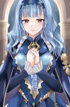  1girl arch blue_dress blue_hair breasts brown_eyes closed_mouth commentary_request dress eyelashes fire_emblem fire_emblem:_three_houses fire_emblem_warriors:_three_hopes gold_trim highres kirishima_riona long_hair looking_at_viewer marianne_von_edmund official_alternate_costume official_alternate_hairstyle pink_lips smile solo wavy_hair 