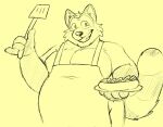 2024 anthro apron belly big_belly clothing food hi_res hot_dog male mammal mr_labrador overweight overweight_male procyonid raccoon rascal_(robot_dreams) robot_dreams simple_background smile solo spatula tools