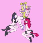 3girls :d anal_tail animal_ears bell black_bra black_collar black_footwear black_hair black_panties blonde_hair bra breasts cat_day cat_ears cat_tail cat_teaser collar commentary_request crown fake_tail fishnet_socks fishnet_thighhighs fishnets full_body green_eyes hair_ribbon heart heart_tail high_heels highres holding invisible_chair jingle_bell long_hair looking_at_viewer mouse_ears mouse_tail multiple_girls neck_bell nyaasechan open_mouth panties pink_background pretty_rhythm pretty_rhythm_rainbow_live pretty_series profile purple_eyes purple_footwear purple_hair purple_ribbon red_hair renjouji_beru ribbon shoes sitting small_breasts smile sneakers socks suzuno_ito tail takanashi_otoha thighhighs tongue tongue_out underwear underwear_only white_thighhighs 