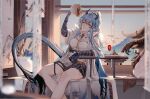  1boy 1girl 55mach absurdres arknights blue_hair brother_and_sister highres ling_(arknights) long_hair open_clothes pointy_ears shorts siblings sitting very_long_hair wang_(arknights) 