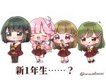  4girls :q anyoji_hime black_hair black_pantyhose blush brown_dress brown_hair chibi closed_eyes closed_mouth commentary_request dress fukune_koko full_body furrowed_brow green_eyes green_hair hair_ornament hairclip hasu_no_sora_school_uniform highres jacket kachimachi_kosuzu link!_like!_love_live! long_hair long_sleeves looking_at_viewer love_live! momose_ginko multiple_girls neckerchief oogami_sachi open_clothes open_jacket open_mouth orange_eyes pantyhose pink_hair pink_jacket ponytail purple_eyes sailor_collar school_uniform short_hair smile socks standing standing_on_one_leg thick_eyebrows tongue tongue_out translation_request twitter_username v-shaped_eyebrows virtual_youtuber white_background white_sailor_collar white_socks winter_uniform yellow_neckerchief 